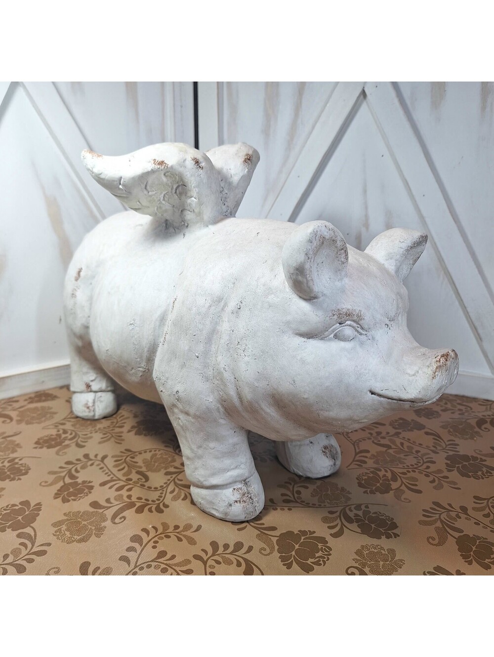 White Flying Pig Plastered Resin Figurine Sculpture 11.5H X16L X5.5"W HD Designs